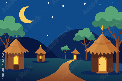 A snowy winter night landscape with a cozy house, glowing windows, and a full moon illuminating the sky