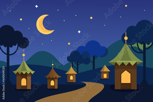 A vibrant Christmas night city landscape with a full moon illuminating a street of houses and buildings