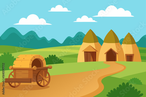 Cartoon vector illustration of a rural summer landscape with a farm, house, and meadow under a bright blue sky with a sun and clouds