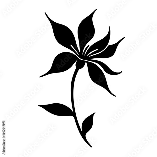 Minimalist black silhouette of a columbine flower with spurred petals on white background