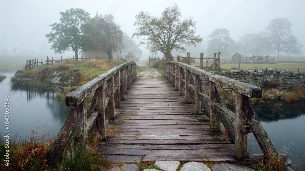 Naklejka premium a wooden bridge over a small river in a foggy field