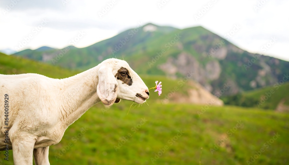 Naklejka premium Sheep sniffing flower in meadow landscape