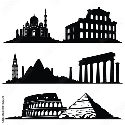 World Famous Landmark Silhouettes Vector Set A Collection of Iconic Global Structures in Minimalist Black and White Design