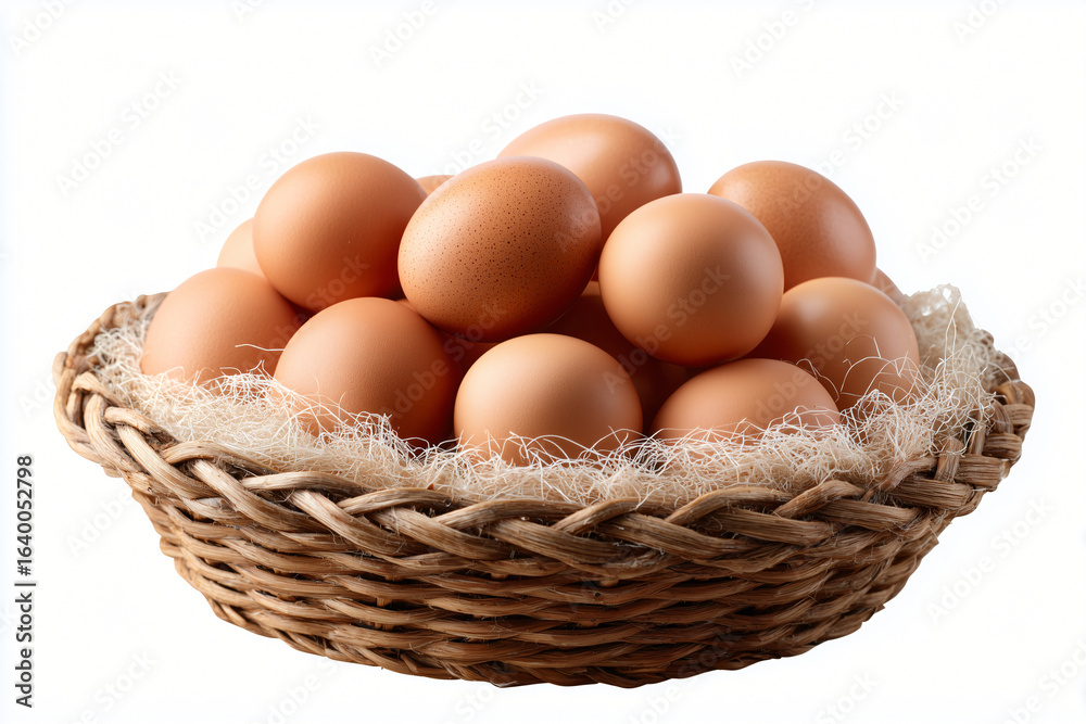 A wicker basket filled with a dozen fresh brown eggs, ready for cooking A wicker basket filled with a dozen fresh brown eggs, ready for cooking