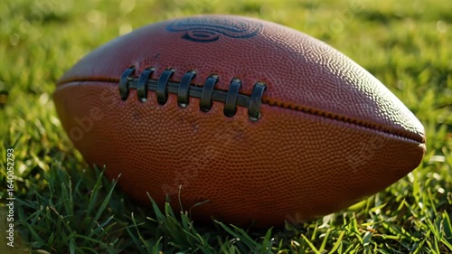 A close-up of a worn leather football resting on grass with textured stitching detail.
