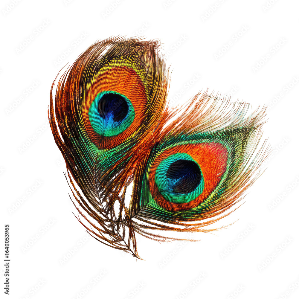 Obraz premium Two peacock feathers, vibrant colors