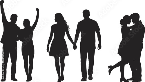 Romantic couple silhouettes, love and relationship poses, walking together, kissing, celebration gesture, holding hands, dating moments, black vector illustration design