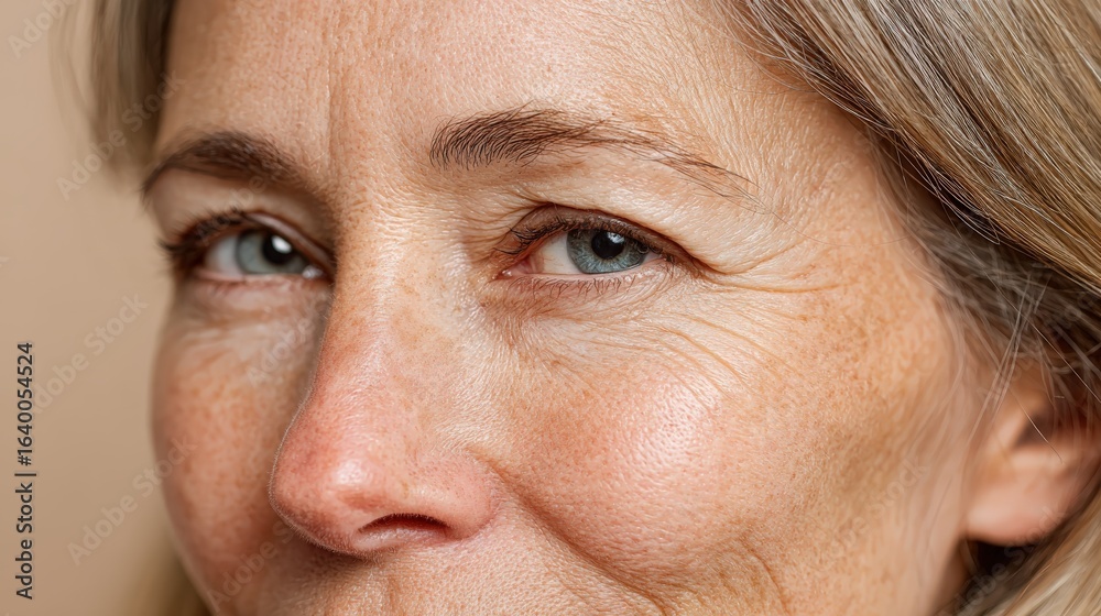 Obraz premium Woman exhibiting dark circles and puffiness under eyes related to aging factors