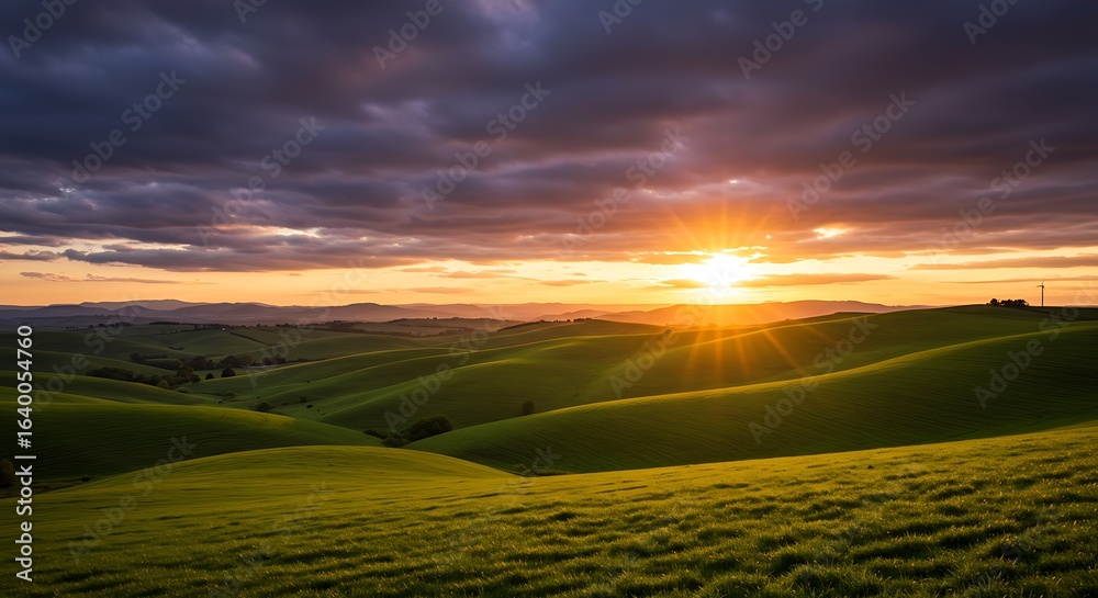 Fototapeta premium Rolling green hills under dramatic cloudy sky at golden hour