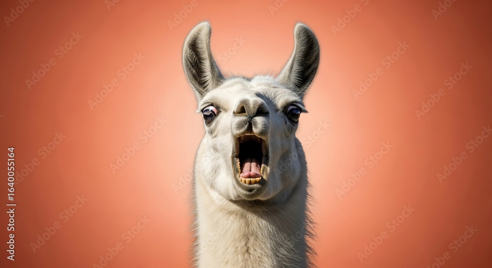 Obraz premium Funny portrait of a surprised white llama with its mouth wide open against a coral background.