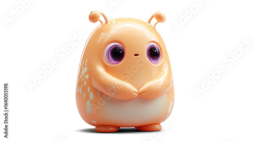 bashful cartoon-style pastel orange alien with a rounded belly and tiny curved eyestalks.