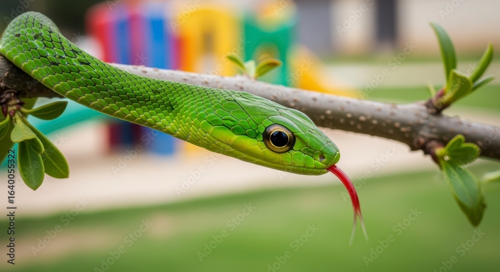 A vibrant green snake with a forked tongue poised on a tree branch, set against a colorful playground background. A vibrant green snake with a forked tongue poised on a tree branch, set against a colorful playground background.