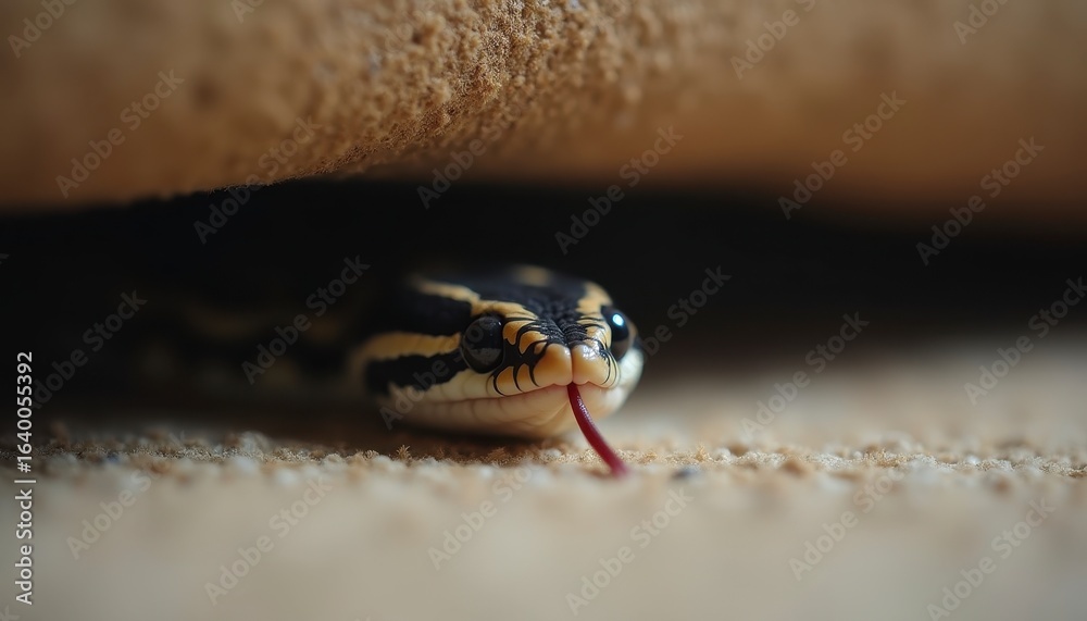 Fototapeta premium A close-up view of a snake peeking out from under a surface, with its tongue flicking out, showcasing its distinctive patterns and colors.