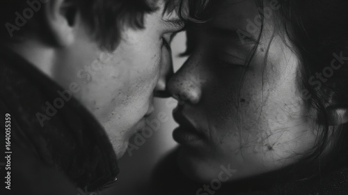a man and a woman are kissing in black and white