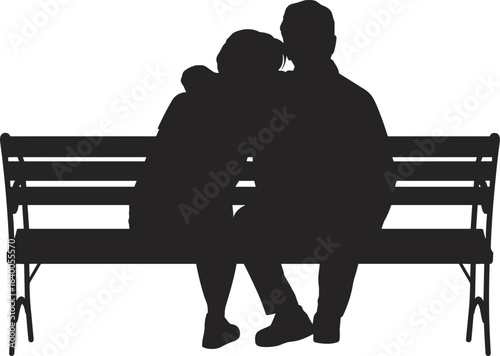 Silhouette of couple sitting on bench, romantic embrace, love relationship, park date, peaceful moment, man and woman together