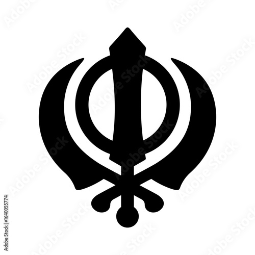 Khanda, symbol of Sikhism. Simple, stylized black silhouette icon. Vector clipart illustration.
