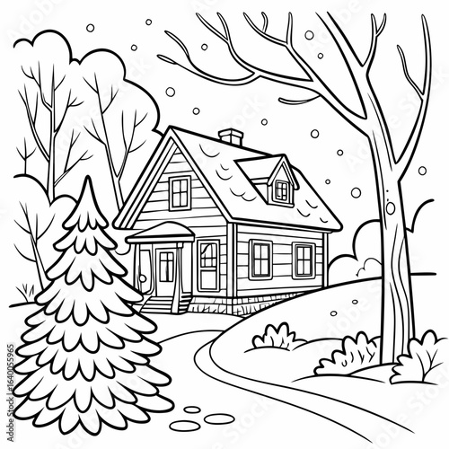Coloring page with a house in the winter forest with a Christmas tree
