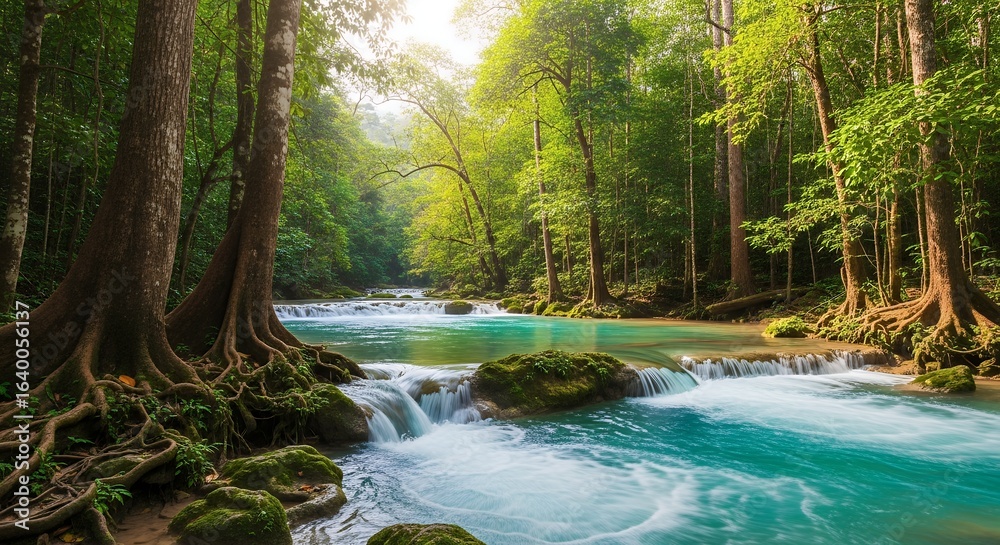 Obraz premium Lush Tropical Waterfall Landscape Scenic View with Turquoise Water Flowing Through Green Forest Trees Nature Stock Photo