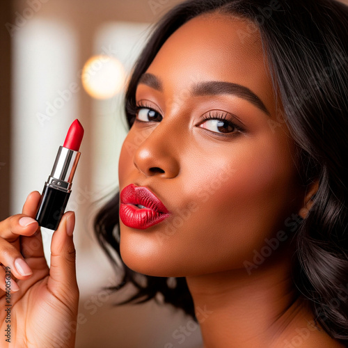 A striking close-up of a young Black woman's face from a three-quarter angle, puckering her lips into a kissing pout. She holds a vibrant red lipstick vertically.