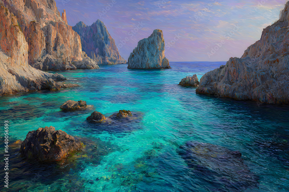 Obraz premium Bay in the ocean with large rock formations and rock cliffs, turquoise water 