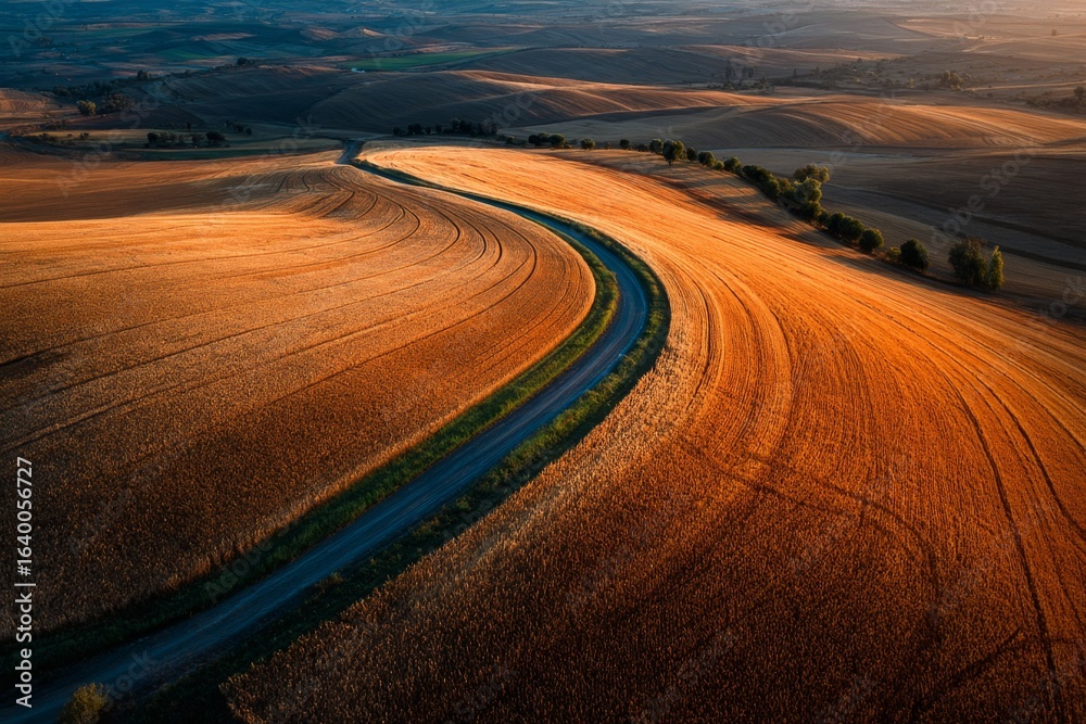 Fototapeta premium Aerial view of a winding country road through golden wheat fields and rolling hills during sunrise
