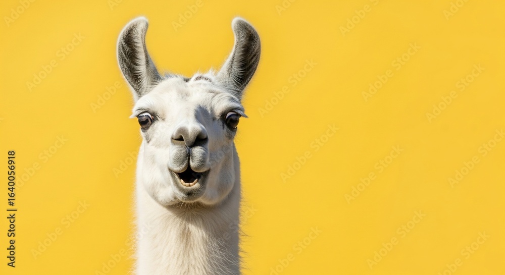 Obraz premium Funny Llama Portrait with Yellow Background, Smiling Face.