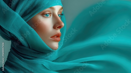 Transformative teal chiffon scarf gracefully swirls around a model's neck