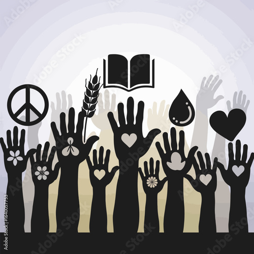 Vector art of hands raised with symbols of peace, education, love, and community support