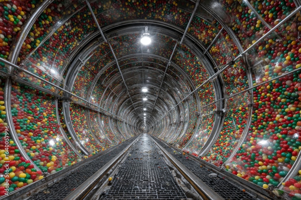 Obraz premium Long tunnel view filled with colorful jelly candies and illuminated metal structure