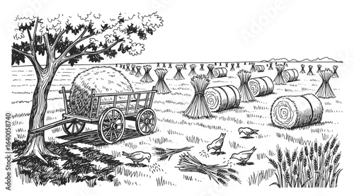 Rustic rural landscape with a horse drawn wagon filled with hay and round hay bales in a harvested field under a tree silhouette