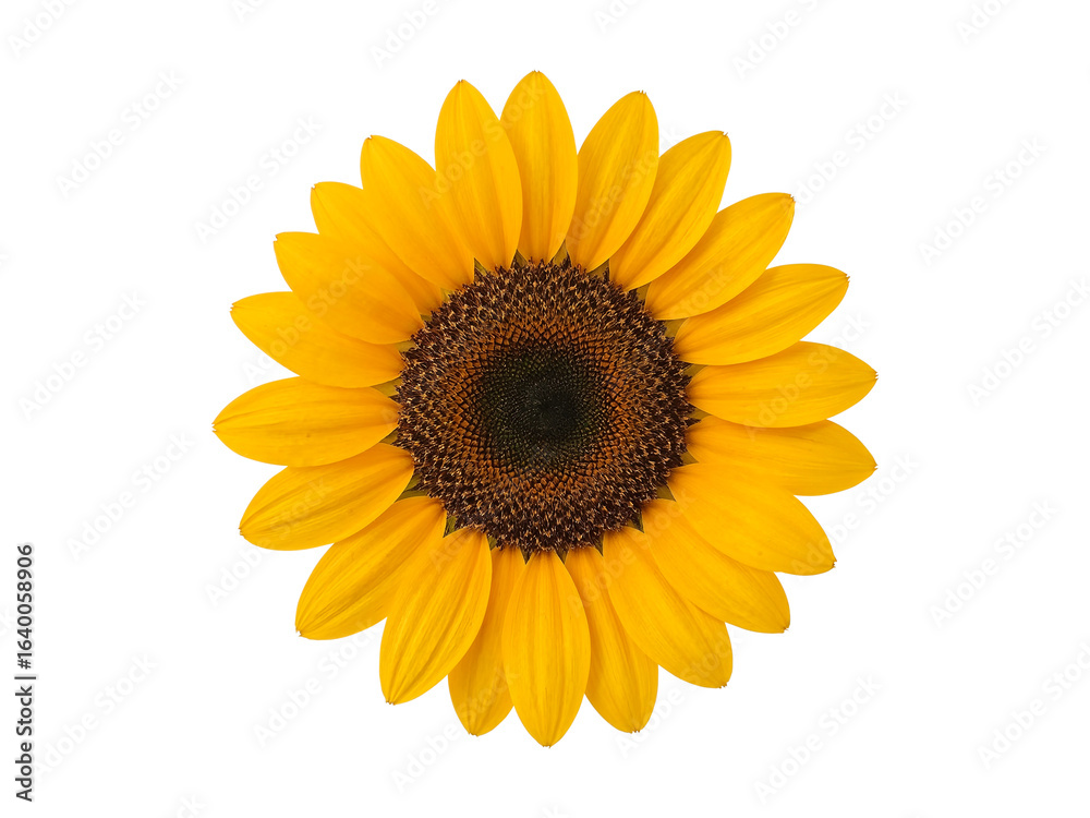 Fototapeta premium Sunflower isolated, bright yellow petals and dark center, close-up flower for design, decor, summer nature