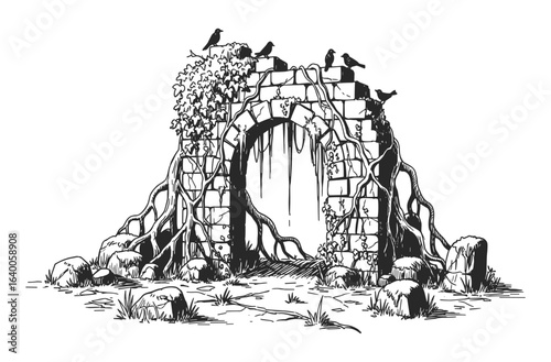 Ancient stone archway ruin with crumbling bricks and overgrown vegetation in a dramatic black and white silhouette