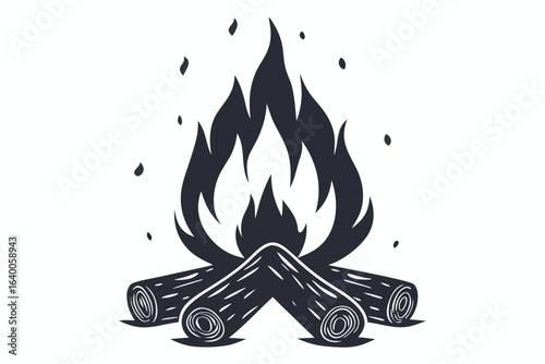 logs burn brightly under the monochrome flames above, isolated on a white background