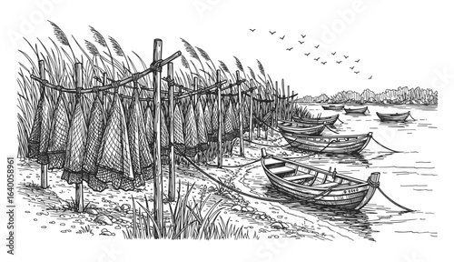 A serene black and white ink drawing depicts a row of fishing boats moored along a grassy shore with tall reeds swaying in the wind creating a peaceful waterside scene silhouette