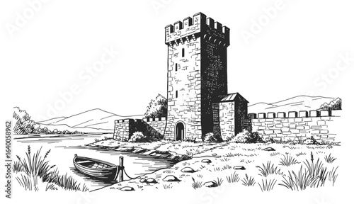 Ancient stone medieval castle tower standing tall beside a flowing river with surrounding hills and vegetation in a detailed black and white ink drawing silhouette
