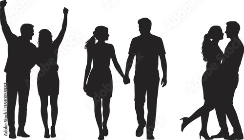 Silhouettes of couples in romantic poses, holding hands, hugging, celebrating love, relationship moments, togetherness, affection, dating, intimacy, happy couple illustration
