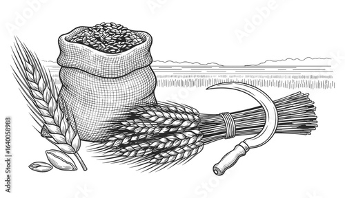 Vintage illustration of a burlap sack filled with grain next to wheat stalks and a sickle in a field silhouette