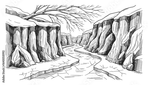 Dramatic ink drawing of a winding river flowing through a deep canyon with snow covered cliffs and a bare tree silhouette