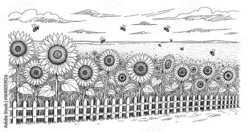 A charming black and white ink drawing of a sunflower field with a white picket fence and hot air balloons in the sky silhouette