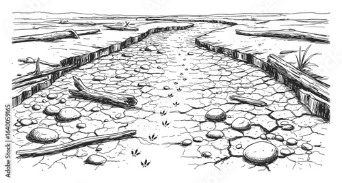 A rugged rocky riverbed with textured banks and a distant horizon rendered in a detailed black and white sketch silhouette