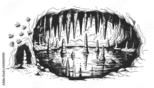 Dark and mysterious cave entrance with stalactites and shadowy figures in a dramatic silhouette