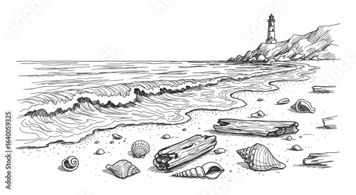 Detailed black and white ink sketch of a rocky beach with crashing waves and a lighthouse on a cliff in the distance silhouette