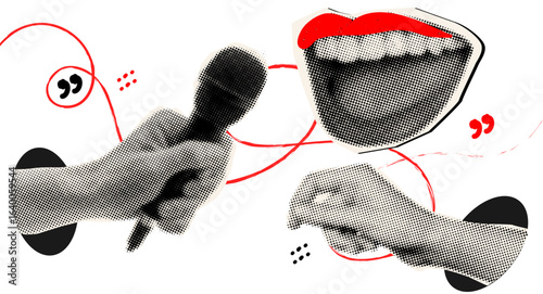 Hand holding microphone with halftone effect for media interview and news,open female mouth with red lipstick