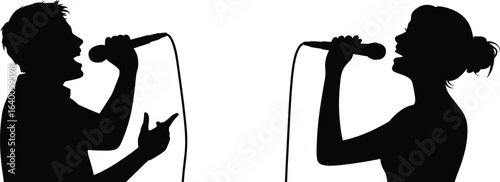 Silhouettes of man and woman singing with microphones, music performance, duet, live concert, vocalists, entertainment, stage show, artistic expression illustration