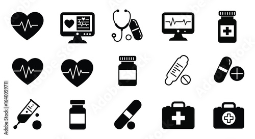 Medical Icon Set with Heartbeat Monitor and First Aid Kit silhouette