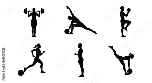 Diverse Fitness Activities in Silhouette Style on a White Background silhouette