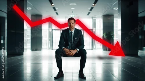 Businessman sitting in modern office with downward trend graph in background, reflecting market challenges