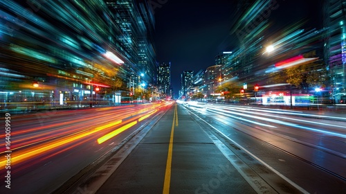 Night city street with blurred lights of passing cars.