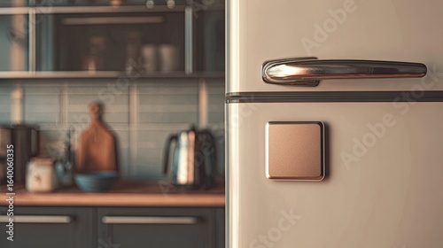 Detail of a vintage-inspired refrigerator with a metallic handle, set against a softly blurred contemporary kitchen scene.