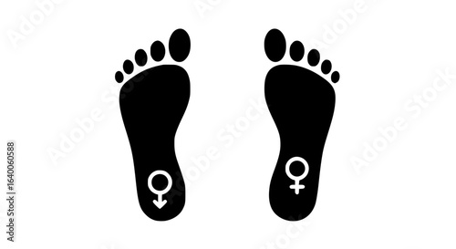 Two feet with a woman symbol on the left and a man symbol on the right